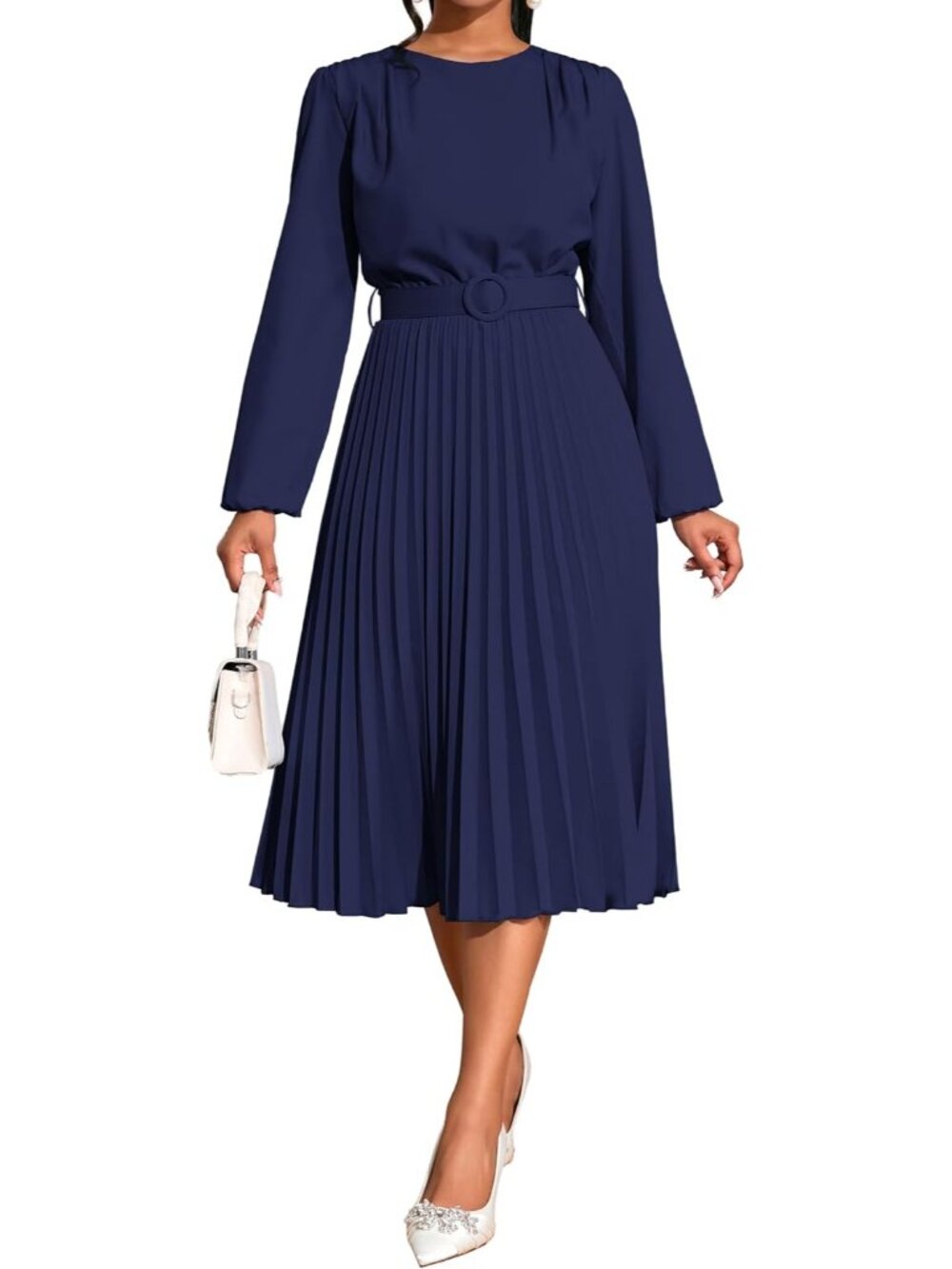 🆕Women's Navy Blue Pleated Midi Dress Long Sleeve Semi Formal Dress Casual - Picture 4 of 6